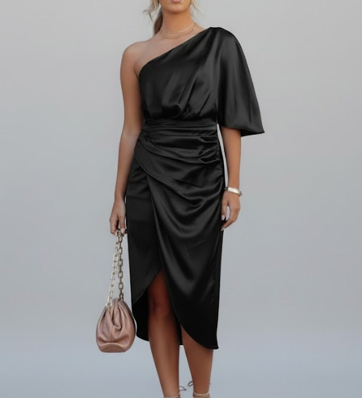 Damen Midi Kleid mit einem Schulterträger und Drapiertem Bund