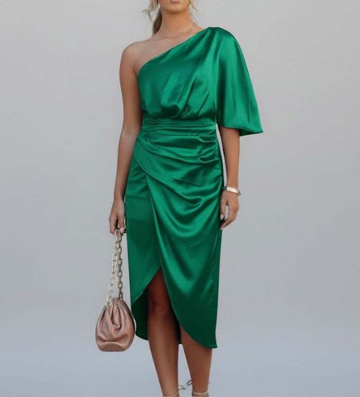 Damen Midi Kleid mit einem Schulterträger und Drapiertem Bund