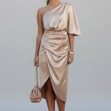 Damen Midi Kleid mit einem Schulterträger und Drapiertem Bund