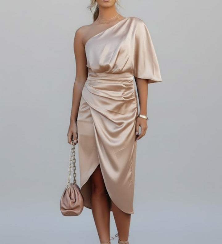 Damen Midi Kleid mit einem Schulterträger und Drapiertem Bund
