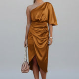 Damen Midi Kleid mit einem Schulterträger und Drapiertem Bund