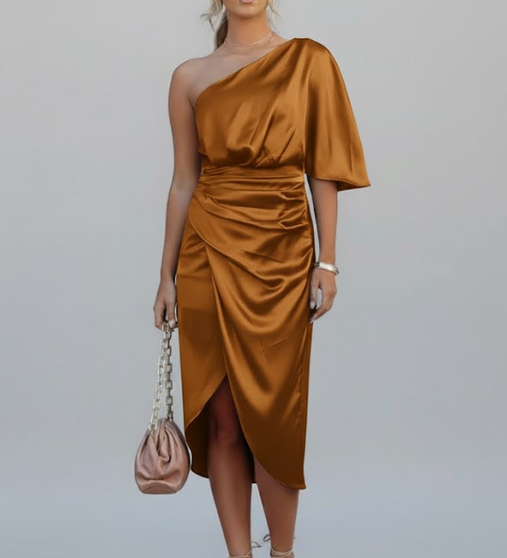 Damen Midi Kleid mit einem Schulterträger und Drapiertem Bund