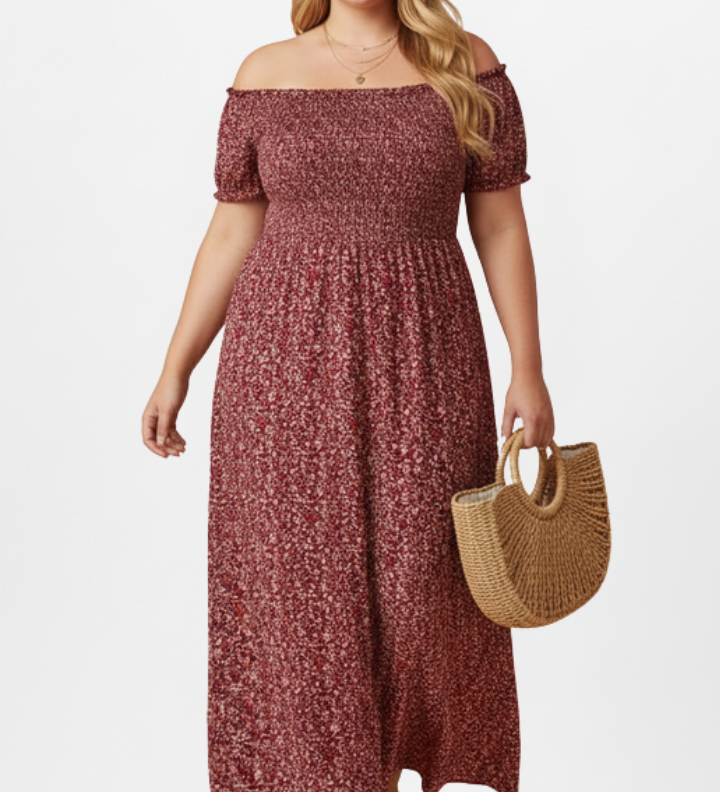 Damen Plus Size Maxi-Kleid mit schulterfreiem Ausschnitt und seitlichen Schlitzen