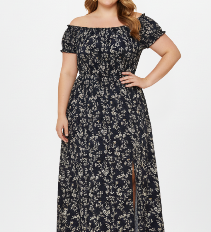 Damen Plus Size Maxi-Kleid mit schulterfreiem Ausschnitt und seitlichen Schlitzen