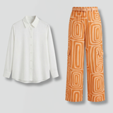 Damen Shirt- und Hosen-Set mit Knopfverschluss und geraden Beinen