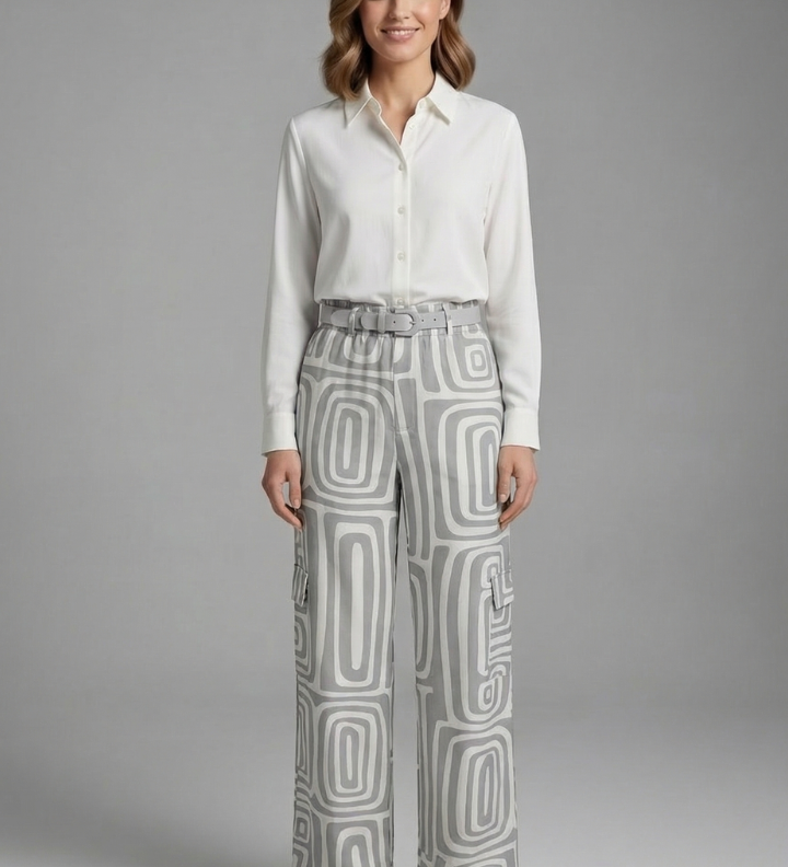 Damen Shirt- und Hosen-Set mit Knopfverschluss und geraden Beinen
