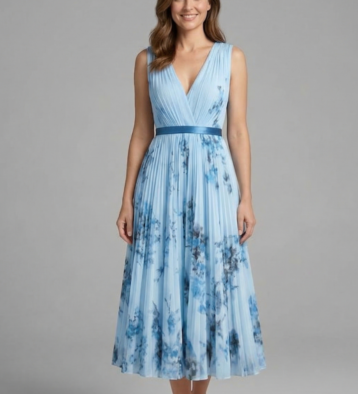 Ärmelloses Damenkleid mit V-Ausschnitt und Faltenrock