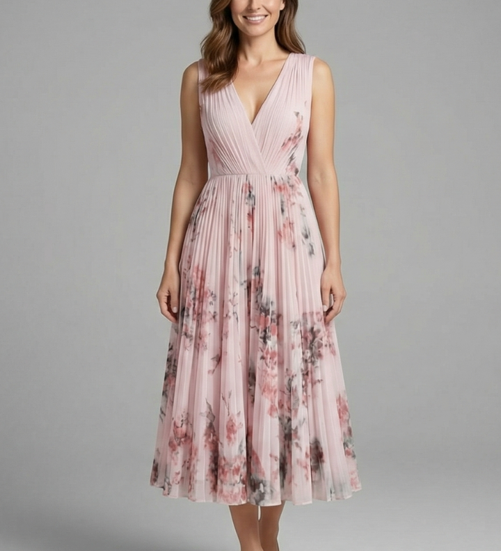 Ärmelloses Damenkleid mit V-Ausschnitt und Faltenrock