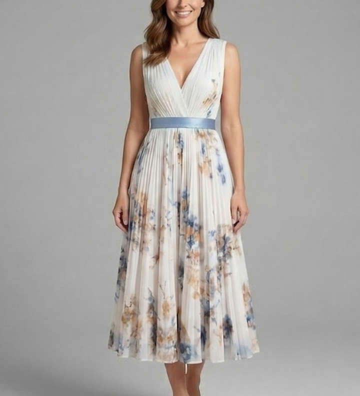 Ärmelloses Damenkleid mit V-Ausschnitt und Faltenrock