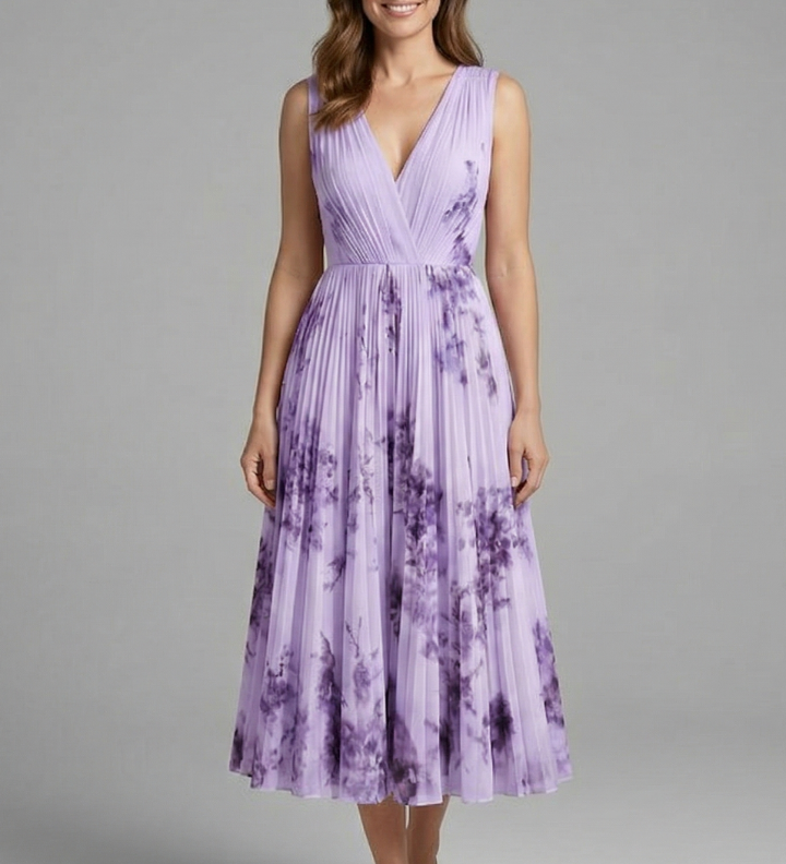 Ärmelloses Damenkleid mit V-Ausschnitt und Faltenrock