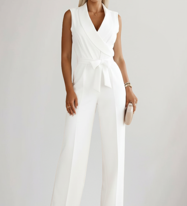 Damen ärmelloser Jumpsuit mit V-Ausschnitt und Bindegürtel