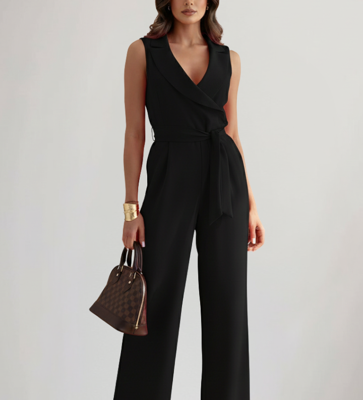 Damen ärmelloser Jumpsuit mit V-Ausschnitt und Bindegürtel