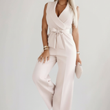 Damen ärmelloser Jumpsuit mit V-Ausschnitt und Bindegürtel