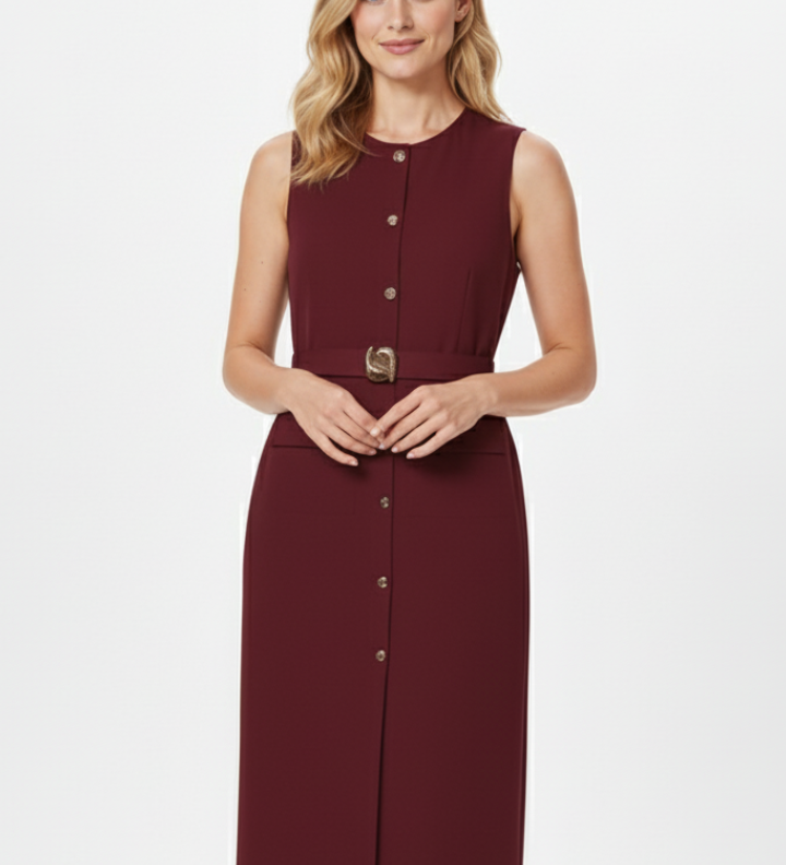 Ärmelloses Midikleid für Frauen mit Knöpfen und tailliertem Gürtel