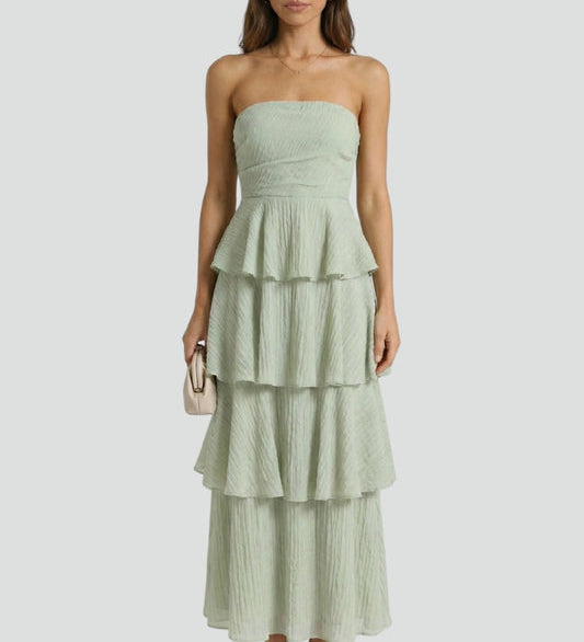 Damen Trägerloses Maxikleid mit Geschichtetem Volant und Langer Saum