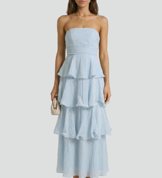 Damen Trägerloses Maxikleid mit Geschichtetem Volant und Langer Saum