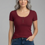 Damen T-Shirt mit Rundhalsausschnitt und Knopfdetail