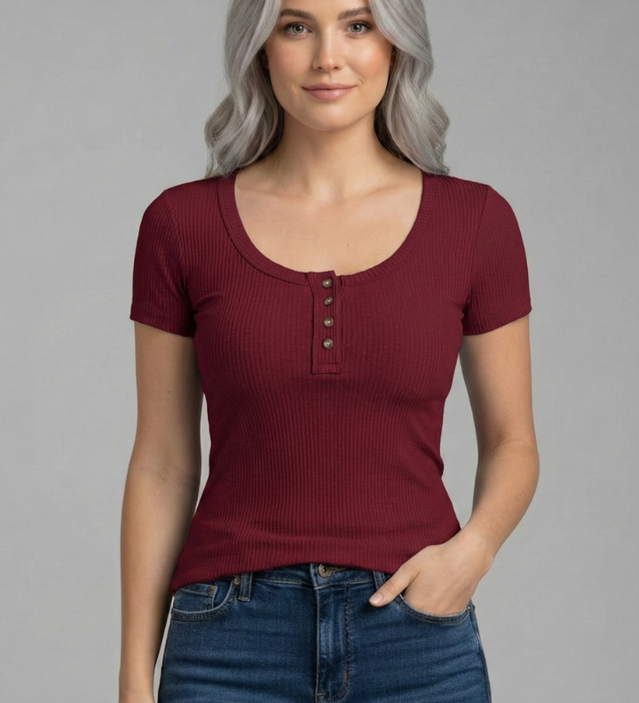 Damen T-Shirt mit Rundhalsausschnitt und Knopfdetail