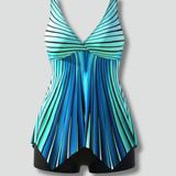 Damen Tankini Badeanzug mit V-Ausschnitt und gefälteltem Saum