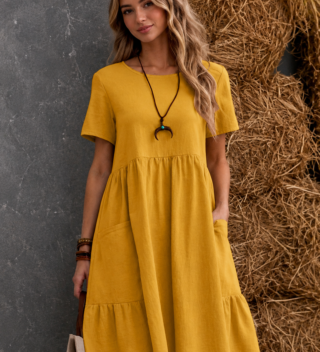 Damen Midi-Kleid mit gestuften Taschen