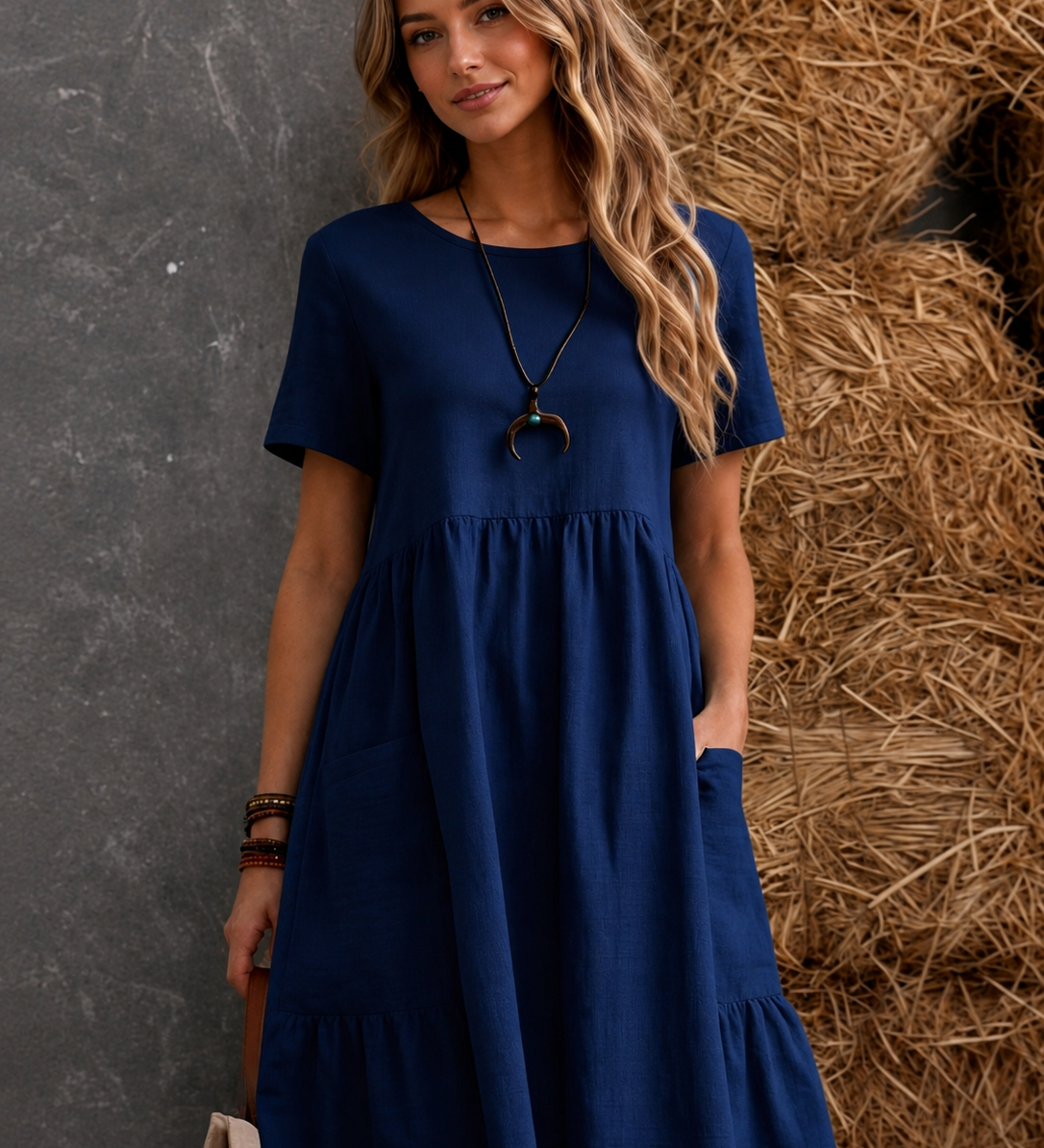 Damen Midi-Kleid mit gestuften Taschen