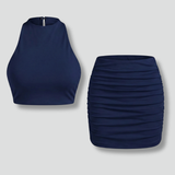 Damen Top und Minirock mit hohem Kragen und taillierter Taille
