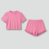 Damen Top und Shorts Set mit Rundhalsausschnitt und Rüschensaum