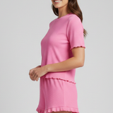 Damen Top und Shorts Set mit Rundhalsausschnitt und Rüschensaum