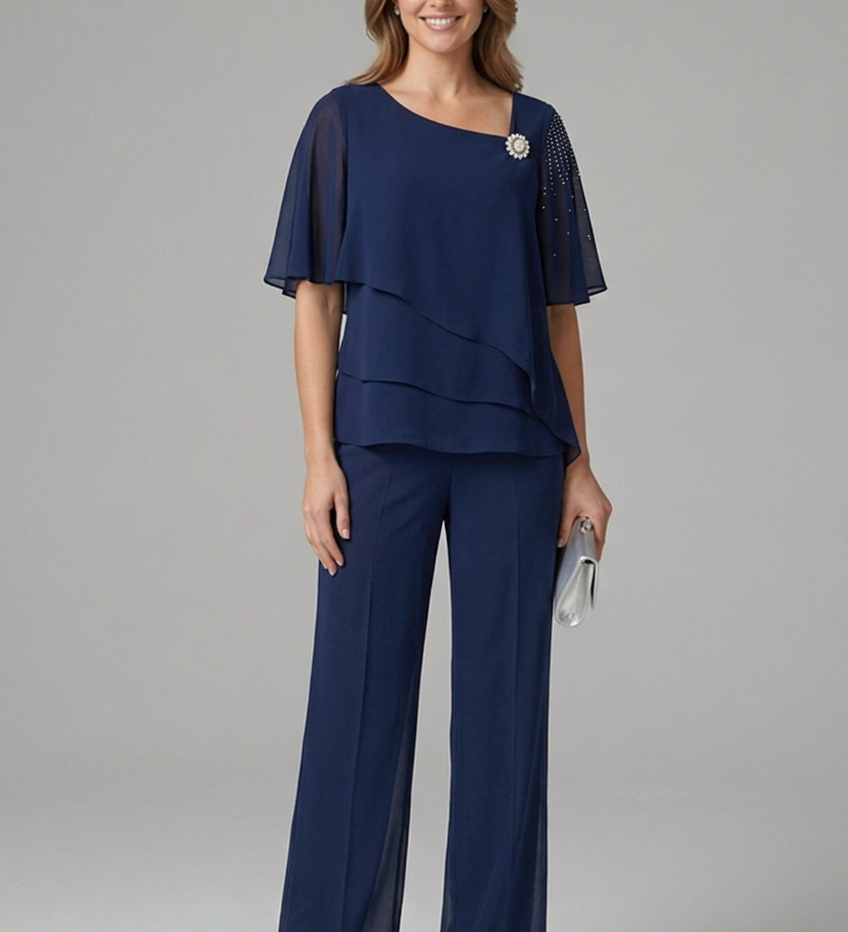 Damen Set mit Oberteil und Hose mit geschichtetem Oberteil und geraden Beinen