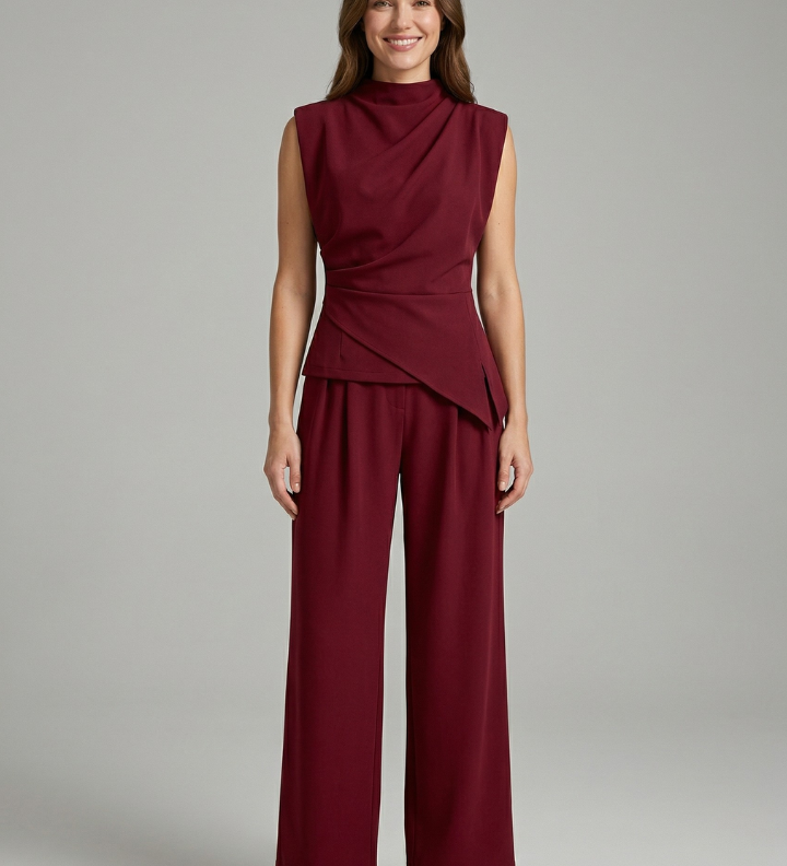 Damen Top- und Hosen-Set mit Rundhalsausschnitt und geraden Beinen
