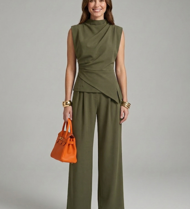 Damen Set aus Top und Hose mit Rundhalsausschnitt und geraden Beinen