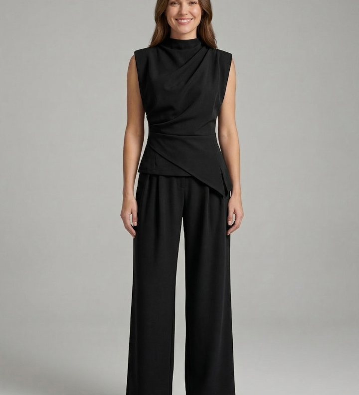 Damen Top- und Hosen-Set mit Rundhalsausschnitt und geraden Beinen