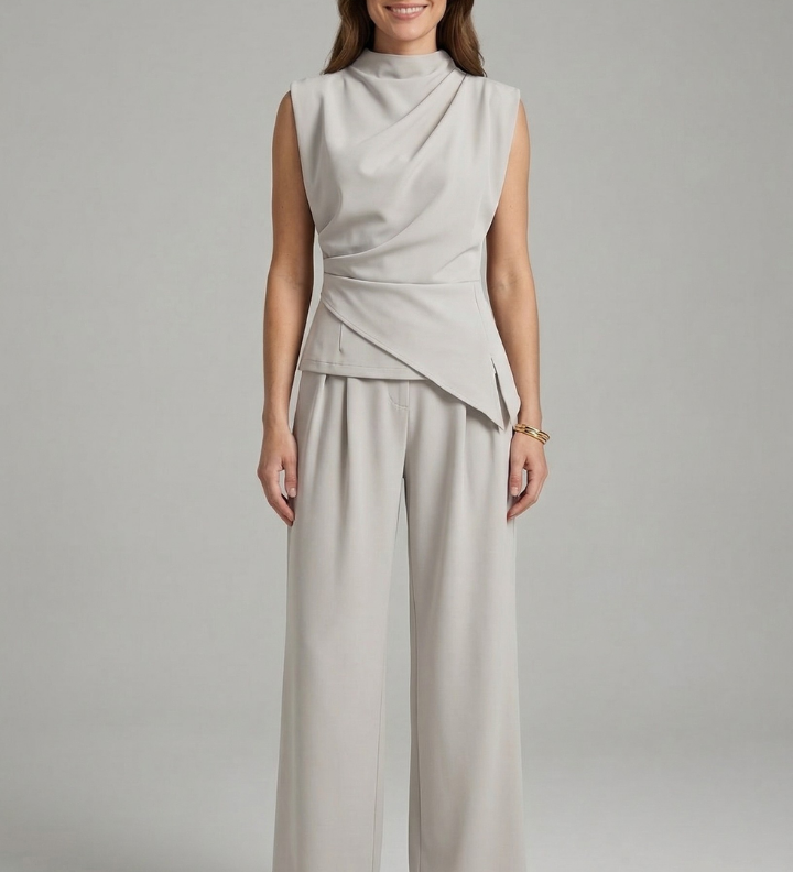 Damen Set aus Top und Hose mit Rundhalsausschnitt und geraden Beinen