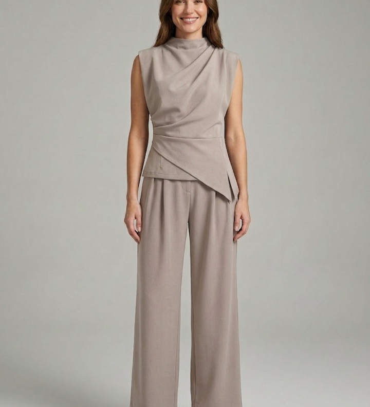 Damen Set aus Top und Hose mit Rundhalsausschnitt und geraden Beinen