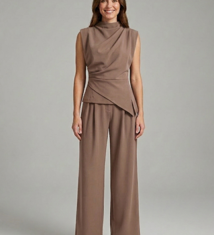 Damen Top- und Hosen-Set mit Rundhalsausschnitt und geraden Beinen
