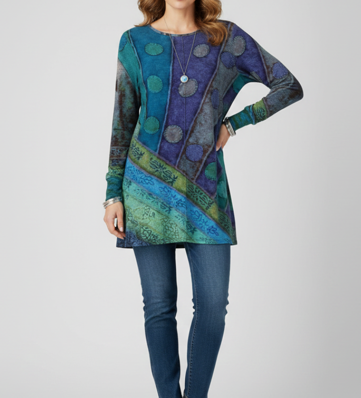 Damen-Tunika-Top mit Patchwork-Muster und gerippten Bündchen