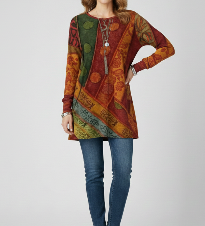 Damen-Tunika-Top mit Patchwork-Muster und gerippten Bündchen