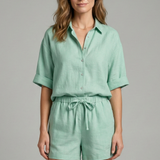 Zweiteiliges Damen-Set mit Knopfverschluss und Shorts mit Kordelzug