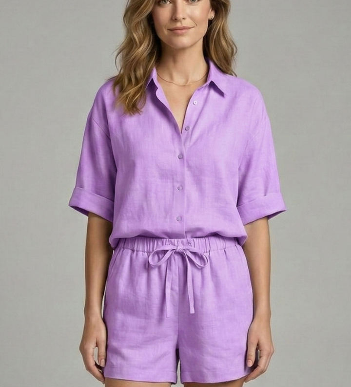 Zweiteiliges Damen-Set mit Knopfverschluss und Shorts mit Kordelzug