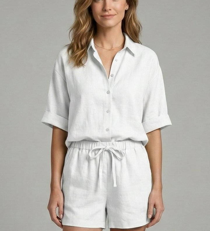 Zweiteiliges Damen-Set mit Knopfverschluss und Shorts mit Kordelzug