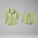 Damen Zweiteiliges Set mit Knopfhemd und Shorts mit Kordelzug