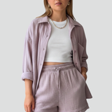 Damen Zweiteiliges Set mit Knopfhemd und Shorts mit Kordelzug