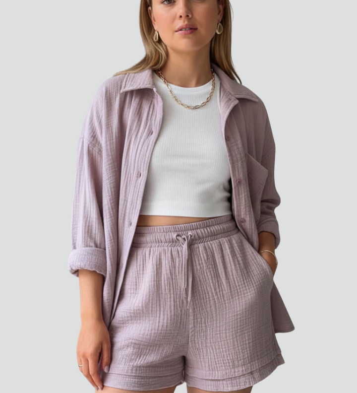 Damen Zweiteiliges Set mit Knopfhemd und Shorts mit Kordelzug