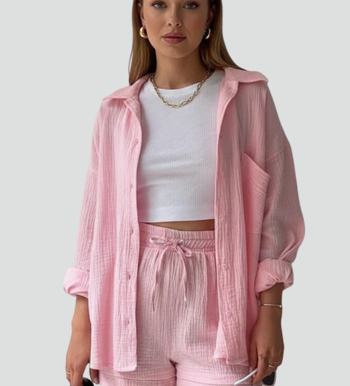 Damen Zweiteiliges Set mit Knopfhemd und Shorts mit Kordelzug