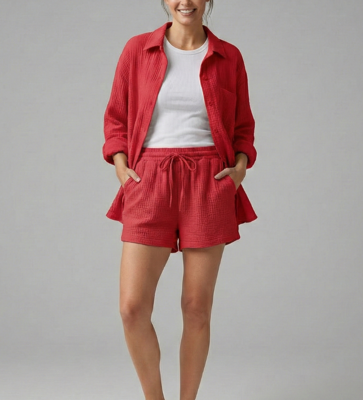 Damen Zweiteiliges Set mit Knopfhemd und Shorts mit Kordelzug
