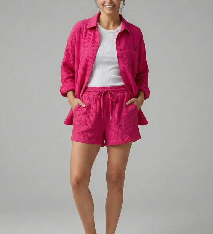 Damen Zweiteiliges Set mit Knopfhemd und Shorts mit Kordelzug