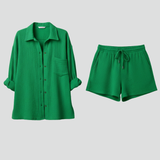 Damen Zweiteiliges Set mit Knopfhemd und Shorts mit Kordelzug