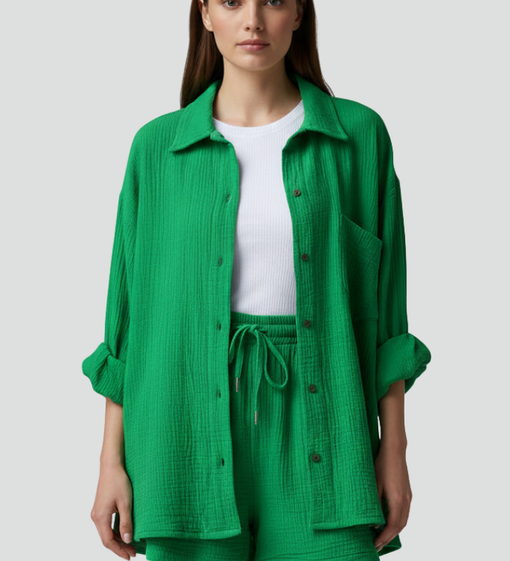 Damen Zweiteiliges Set mit Knopfhemd und Shorts mit Kordelzug