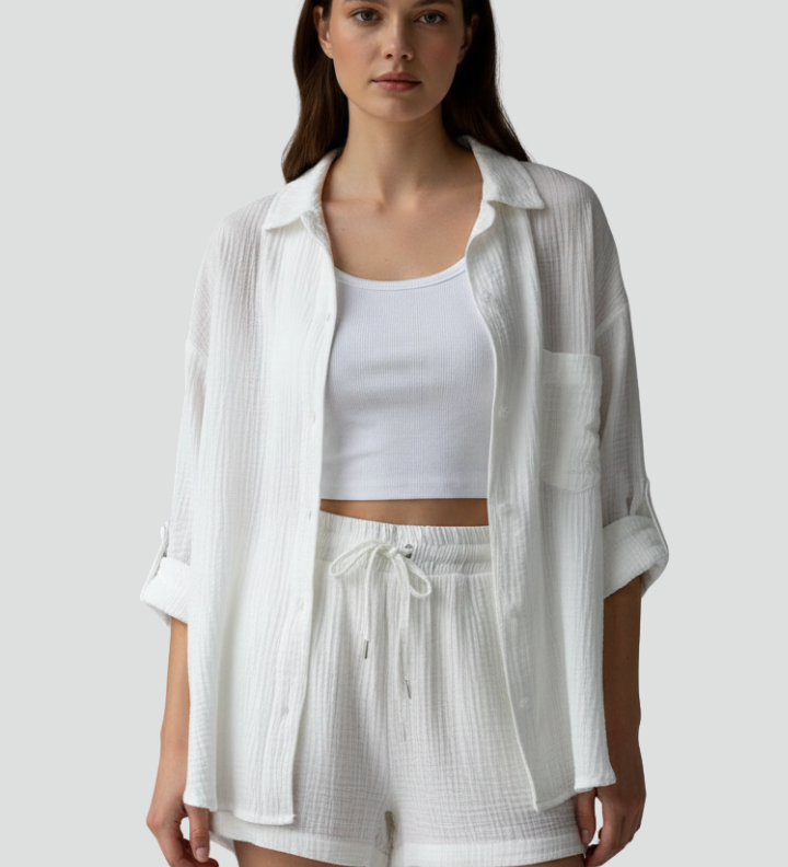 Damen Zweiteiliges Set mit Knopfhemd und Shorts mit Kordelzug