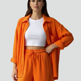 Damen Zweiteiliges Set mit Knopfhemd und Shorts mit Kordelzug